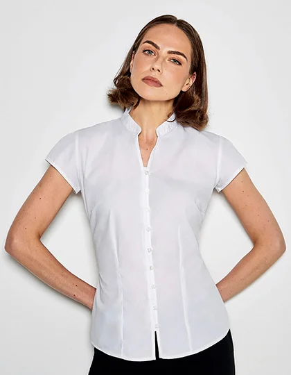 Tailored Fit Mandarin Collar Poplin Blouse Cap Sleeve K727